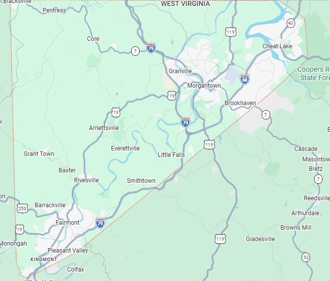Service area map for Benson’s Cleaning Services covering Morgantown, Fairmont, and surrounding areas in West Virginia.
